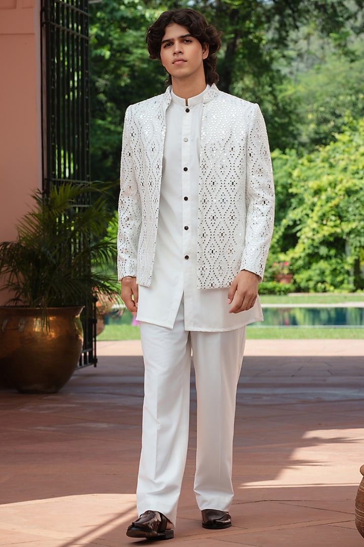 White Chikankari Wedding Indowestern Jacket Set by Bohame Men at Pernia's Pop Up Shop