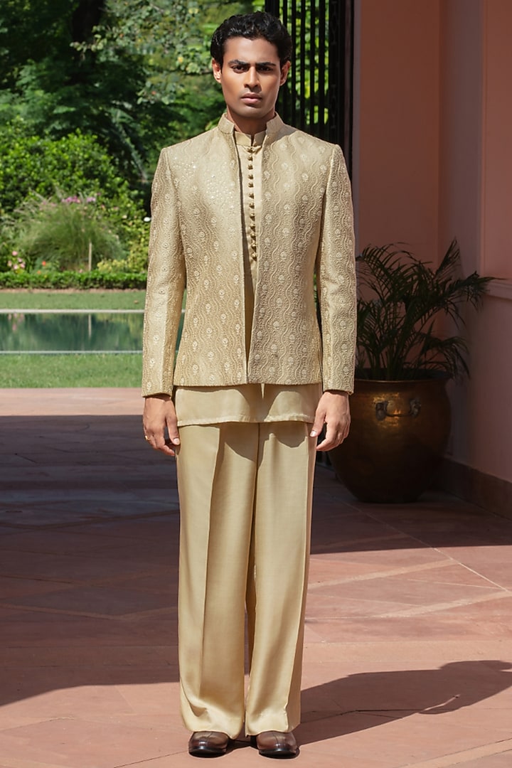 Beige Gold Chikankari Wedding Indowestern Jacket Set by Bohame Men at Pernia's Pop Up Shop