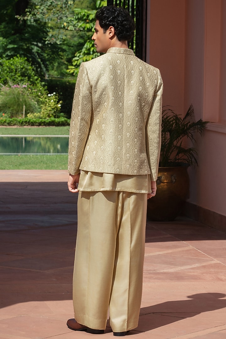 Beige Gold Chikankari Wedding Indowestern Jacket Set by Bohame Men at Pernia's Pop Up Shop