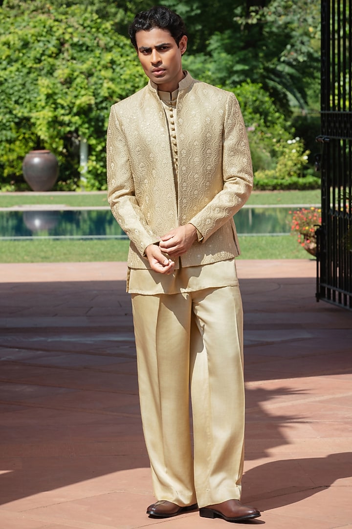 Beige Gold Chikankari Wedding Indowestern Jacket Set by Bohame Men at Pernia's Pop Up Shop