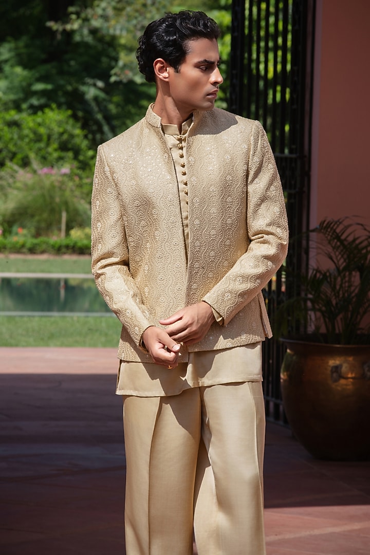 Beige Gold Chikankari Wedding Indowestern Jacket Set by Bohame Men at Pernia's Pop Up Shop