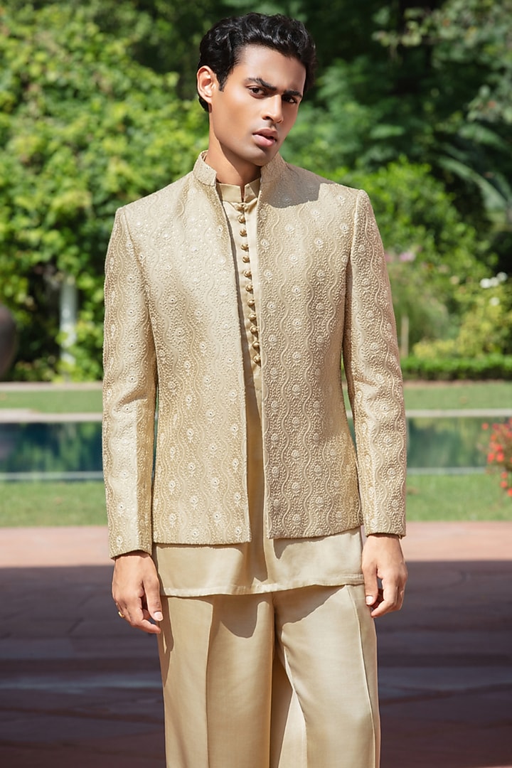 Beige Gold Chikankari Wedding Indowestern Jacket Set by Bohame Men at Pernia's Pop Up Shop