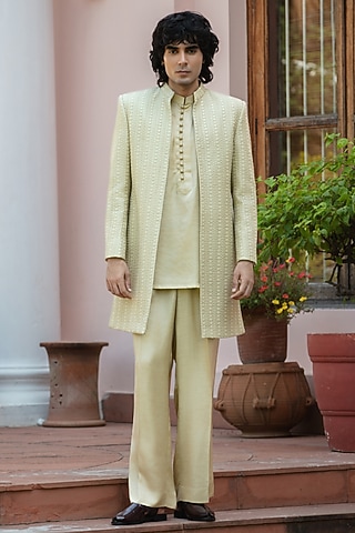 Beige Gold Chikankari Indowestern Jacket Set by Bohame Men