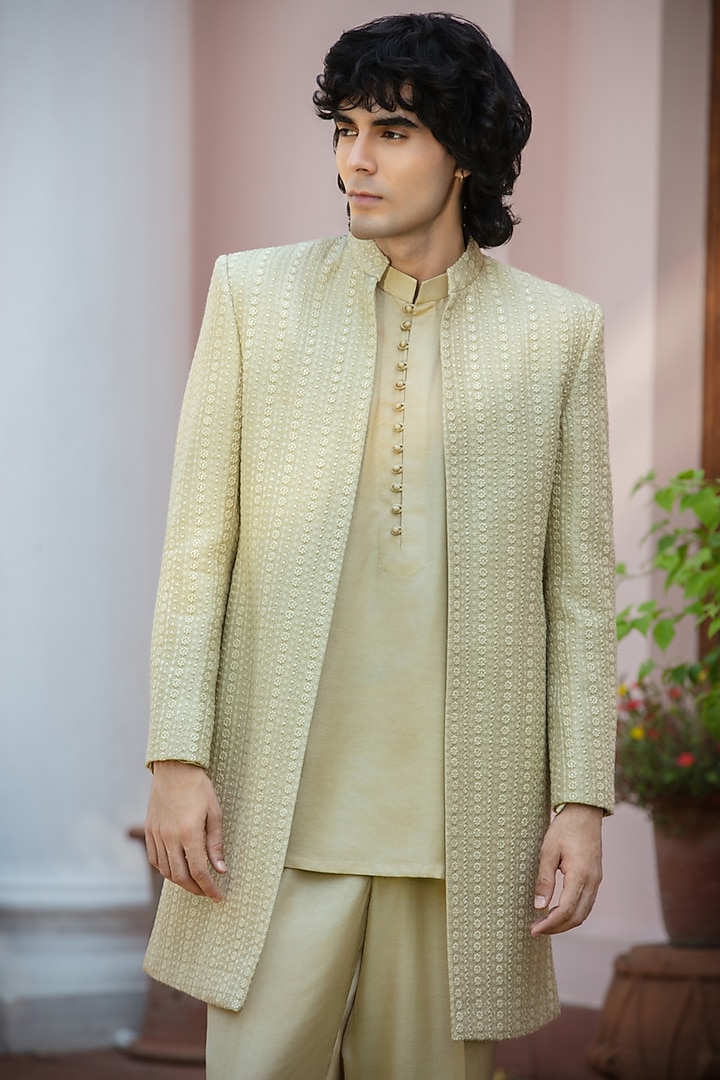 Beige Gold Chikankari Wedding Indowestern Jacket Set by Bohame Men at Pernia's Pop Up Shop
