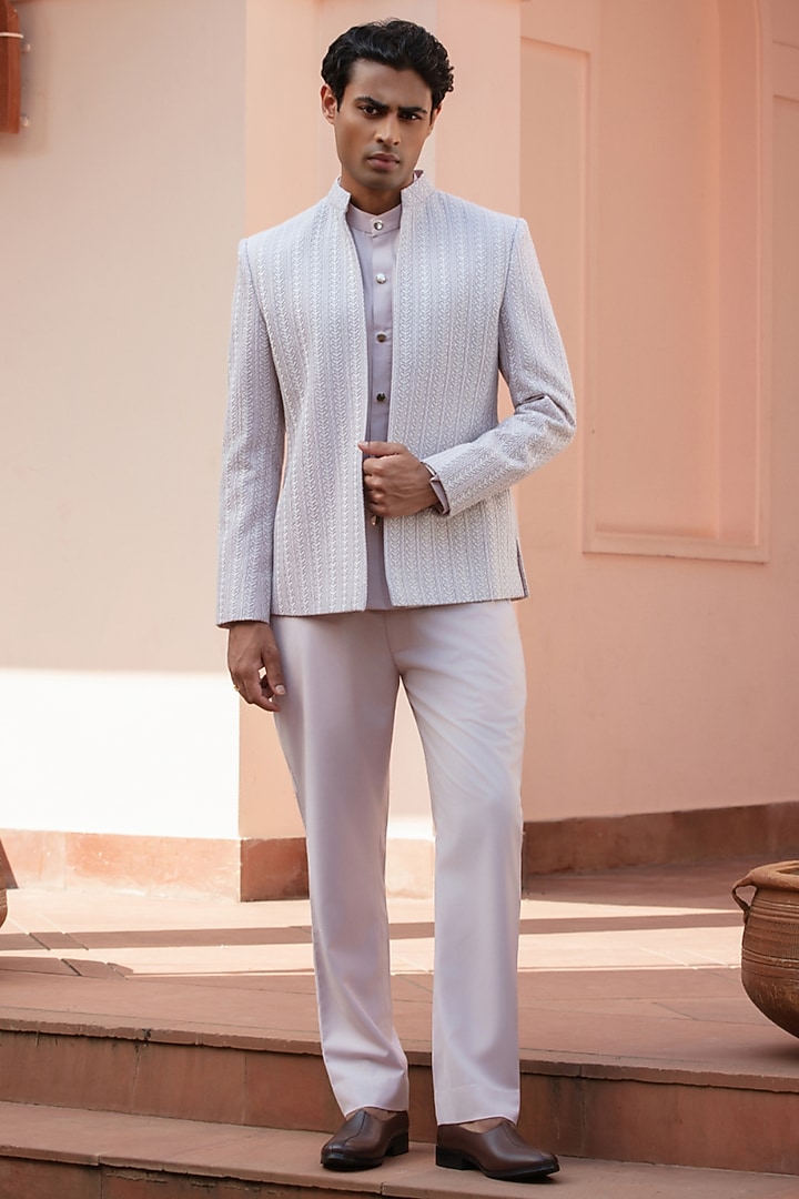 Lilac Chikankari Wedding Indowestern Jacket Set by Bohame Men at Pernia's Pop Up Shop