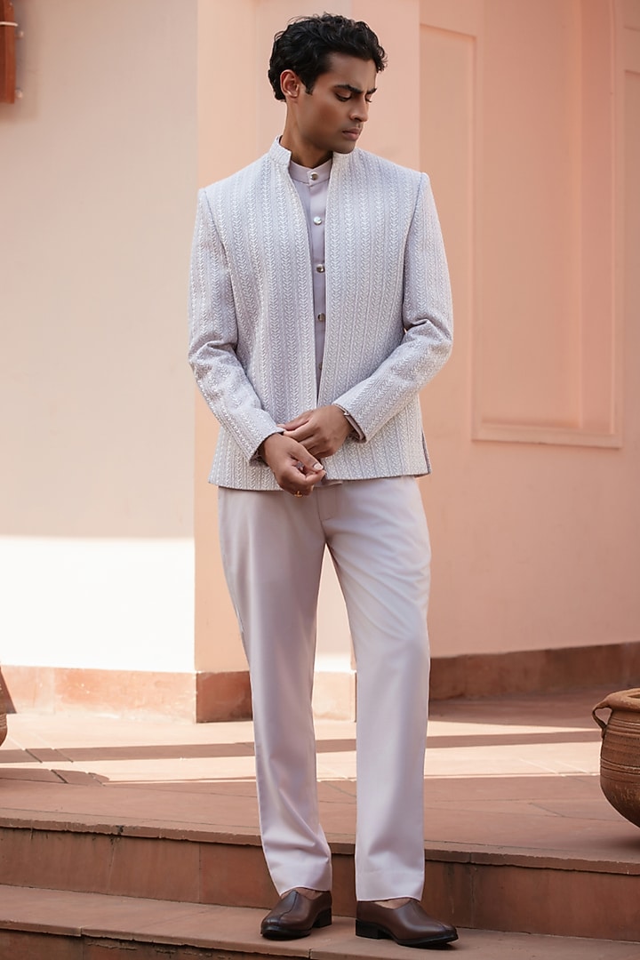 Lilac Chikankari Wedding Indowestern Jacket Set by Bohame Men at Pernia's Pop Up Shop