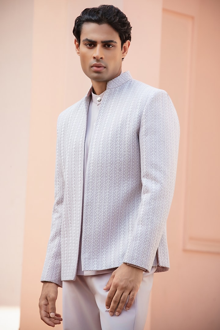 Lilac Chikankari Wedding Indowestern Jacket Set by Bohame Men at Pernia's Pop Up Shop
