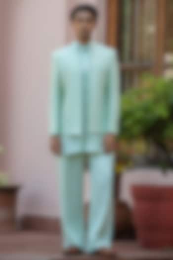 Sage Green Chikankari Wedding Indowestern Jacket Set by Bohame Men at Pernia's Pop Up Shop