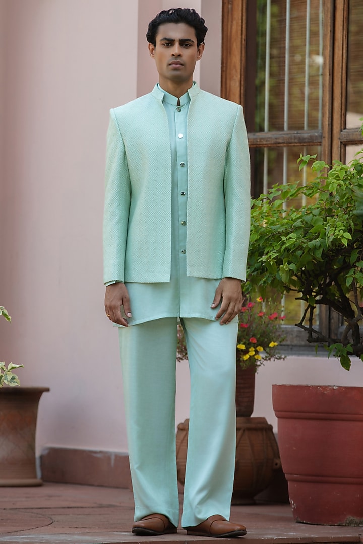 Sage Green Chikankari Wedding Indowestern Jacket Set by Bohame Men at Pernia's Pop Up Shop