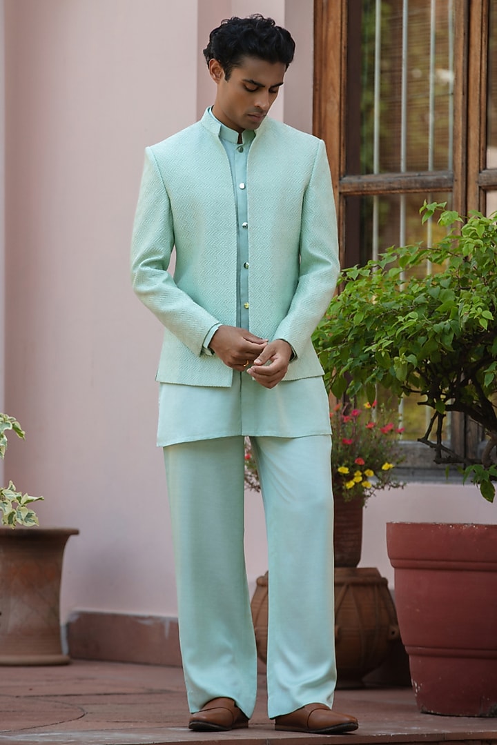 Sage Green Chikankari Wedding Indowestern Jacket Set by Bohame Men at Pernia's Pop Up Shop