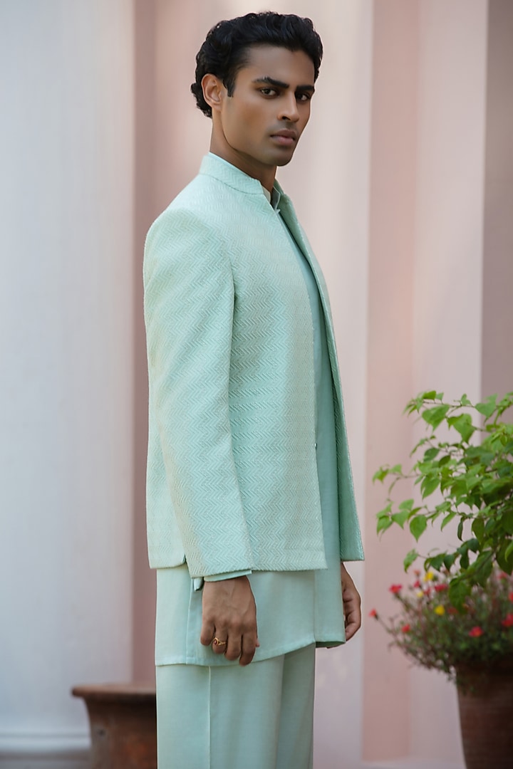 Sage Green Chikankari Wedding Indowestern Jacket Set by Bohame Men at Pernia's Pop Up Shop