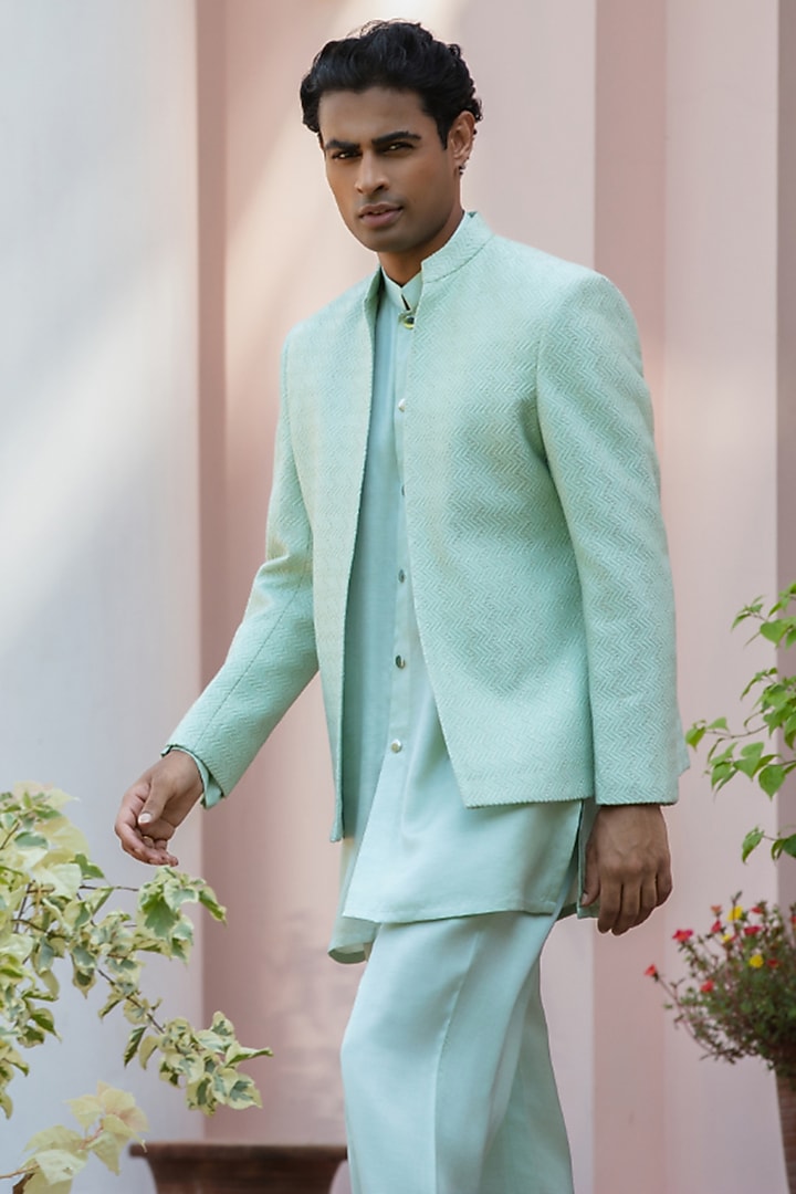 Sage Green Chikankari Wedding Indowestern Jacket Set by Bohame Men at Pernia's Pop Up Shop