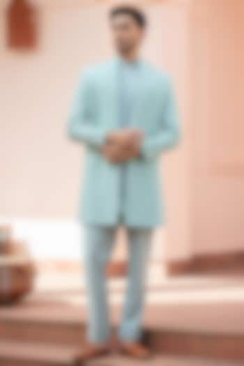 Mint Blue Chikankari Wedding Indowestern Jacket Set by Bohame Men at Pernia's Pop Up Shop