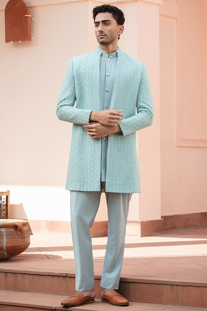 Mint Blue Chikankari Wedding Indowestern Jacket Set by Bohame Men at Pernia's Pop Up Shop