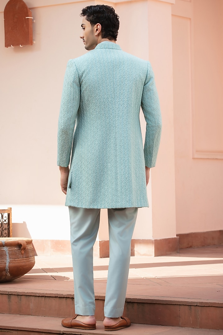 Mint Blue Chikankari Wedding Indowestern Jacket Set by Bohame Men at Pernia's Pop Up Shop