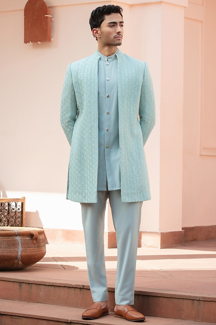 Mint Blue Chikankari Wedding Indowestern Jacket Set by Bohame Men at Pernia's Pop Up Shop