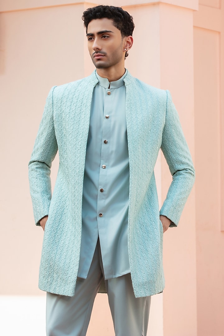 Mint Blue Chikankari Wedding Indowestern Jacket Set by Bohame Men at Pernia's Pop Up Shop