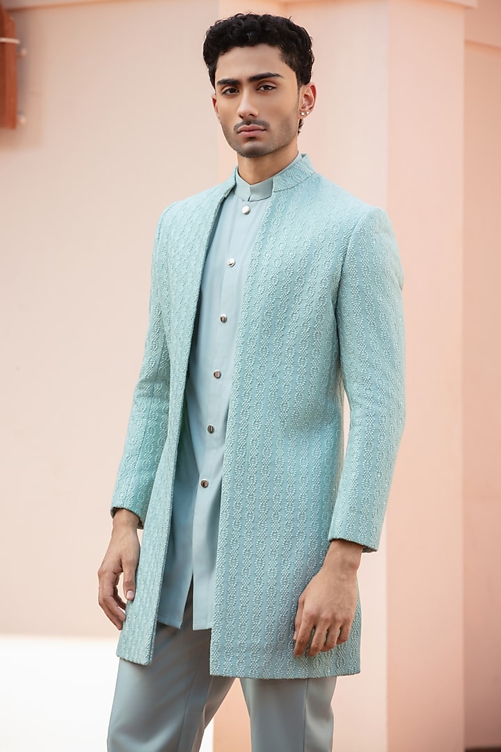 Mint Blue Chikankari Wedding Indowestern Jacket Set by Bohame Men at Pernia's Pop Up Shop