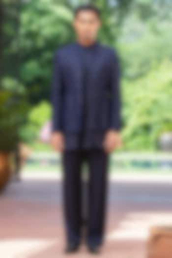 Navy Blue Chikankari Wedding Indowestern Jacket Set by Bohame Men at Pernia's Pop Up Shop