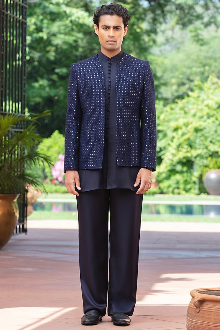 Navy Blue Chikankari Wedding Indowestern Jacket Set by Bohame Men at Pernia's Pop Up Shop