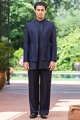 Navy Blue Chikankari Indowestern Jacket Set by Bohame Men