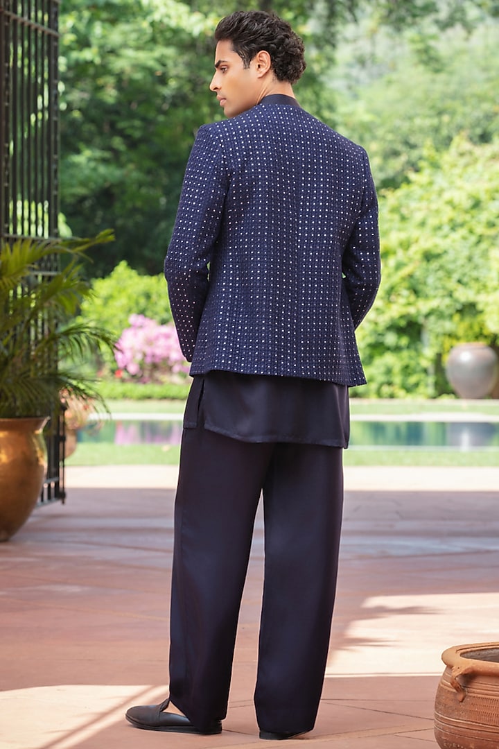 Navy Blue Chikankari Wedding Indowestern Jacket Set by Bohame Men at Pernia's Pop Up Shop