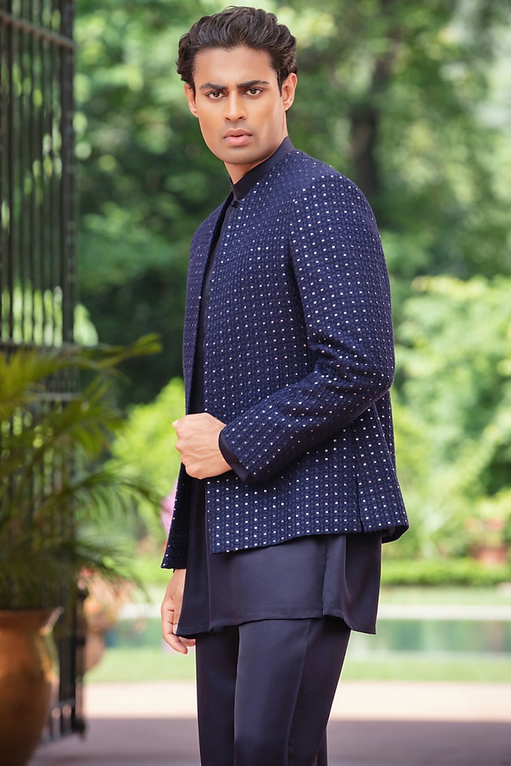Navy Blue Chikankari Wedding Indowestern Jacket Set by Bohame Men at Pernia's Pop Up Shop