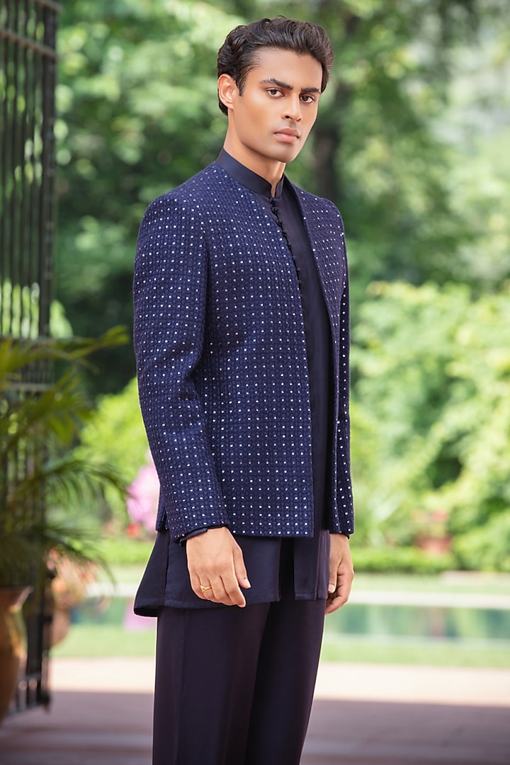 Navy Blue Chikankari Wedding Indowestern Jacket Set by Bohame Men at Pernia's Pop Up Shop