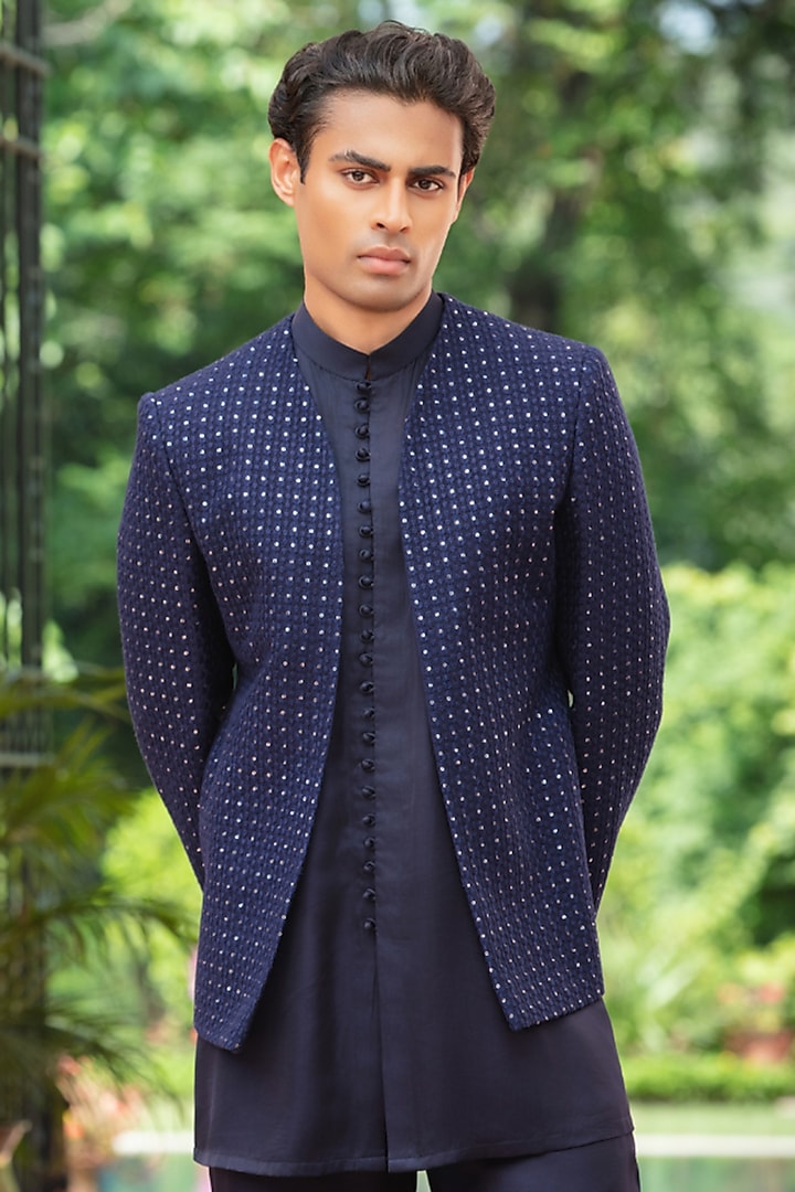 Navy Blue Chikankari Wedding Indowestern Jacket Set by Bohame Men at Pernia's Pop Up Shop