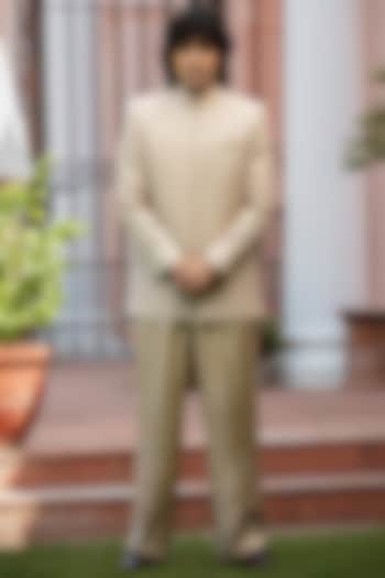 Beige Gold Chikankari Wedding Indowestern Jacket Set by Bohame Men at Pernia's Pop Up Shop