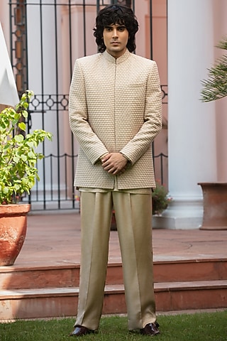 Beige Gold Chikankari Indowestern Jacket Set by Bohame Men