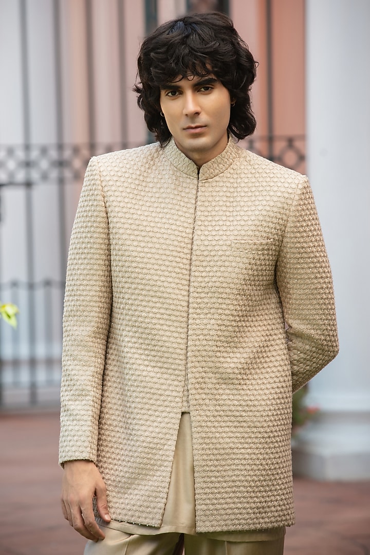 Beige Gold Chikankari Wedding Indowestern Jacket Set by Bohame Men at Pernia's Pop Up Shop