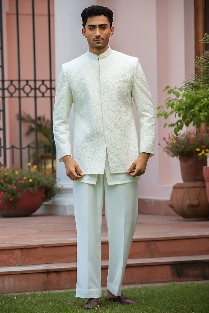 Milky White Chikankari Wedding Indowestern Jacket Set by Bohame Men at Pernia's Pop Up Shop