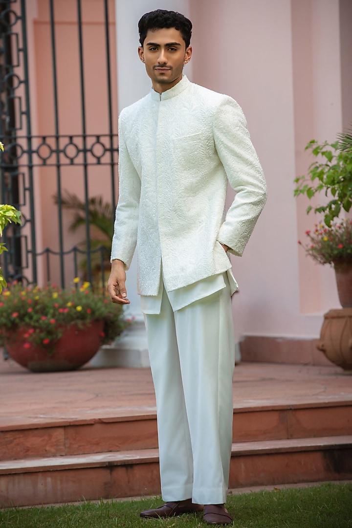 Milky White Chikankari Wedding Indowestern Jacket Set by Bohame Men at Pernia's Pop Up Shop