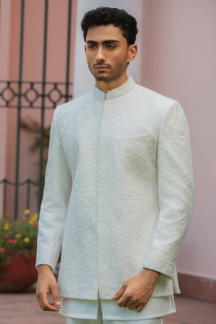 Milky White Chikankari Wedding Indowestern Jacket Set by Bohame Men at Pernia's Pop Up Shop