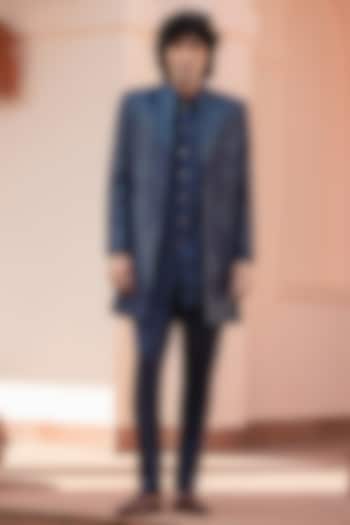 Navy Blue Chikankari Wedding Indowestern Jacket Set by Bohame Men at Pernia's Pop Up Shop