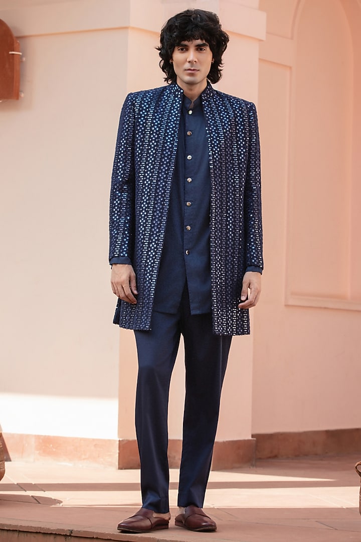 Navy Blue Chikankari Wedding Indowestern Jacket Set by Bohame Men at Pernia's Pop Up Shop