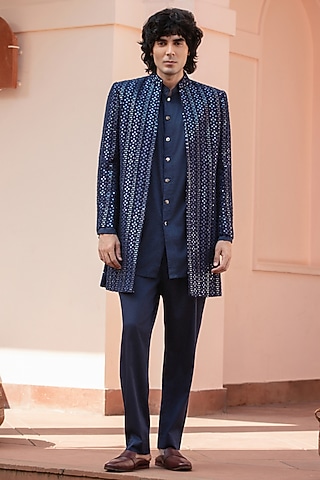 Navy Blue Chikankari Indowestern Jacket Set by Bohame Men