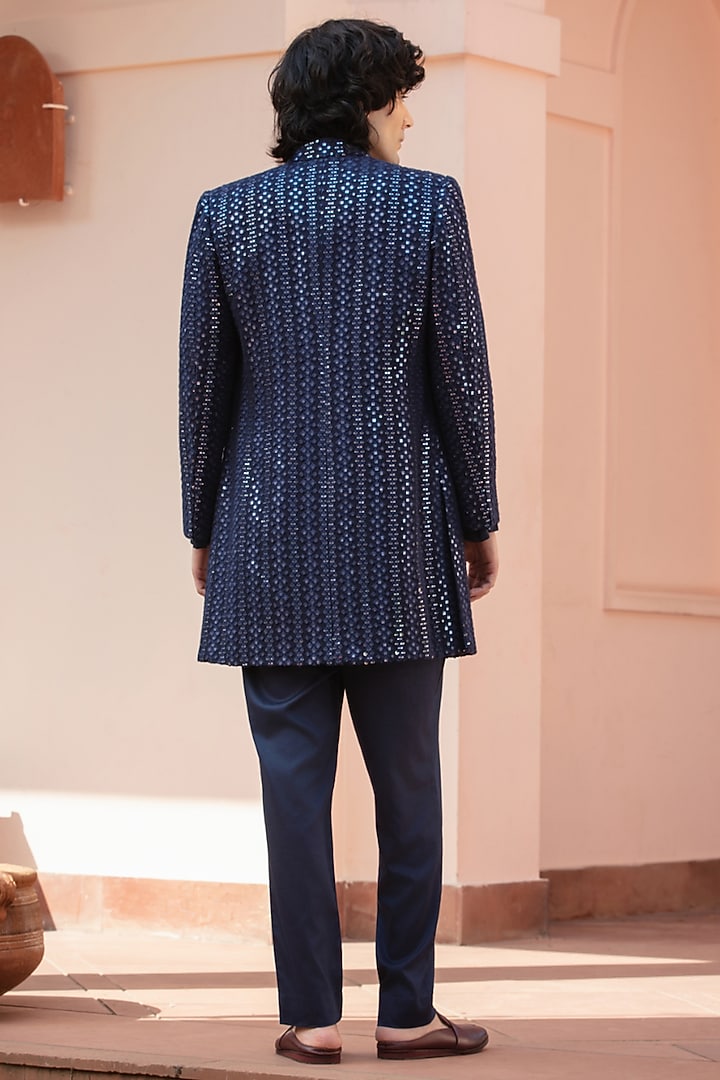 Navy Blue Chikankari Wedding Indowestern Jacket Set by Bohame Men at Pernia's Pop Up Shop