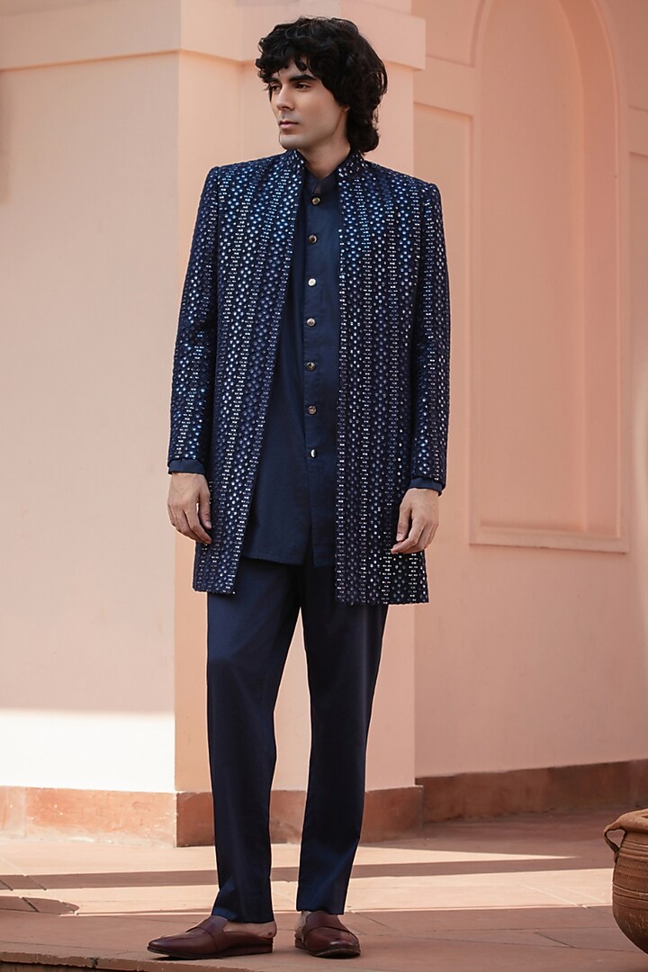 Navy Blue Chikankari Wedding Indowestern Jacket Set by Bohame Men at Pernia's Pop Up Shop