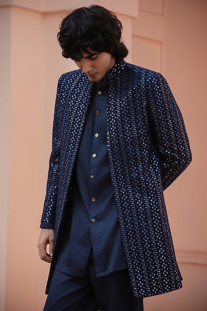 Navy Blue Chikankari Wedding Indowestern Jacket Set by Bohame Men at Pernia's Pop Up Shop