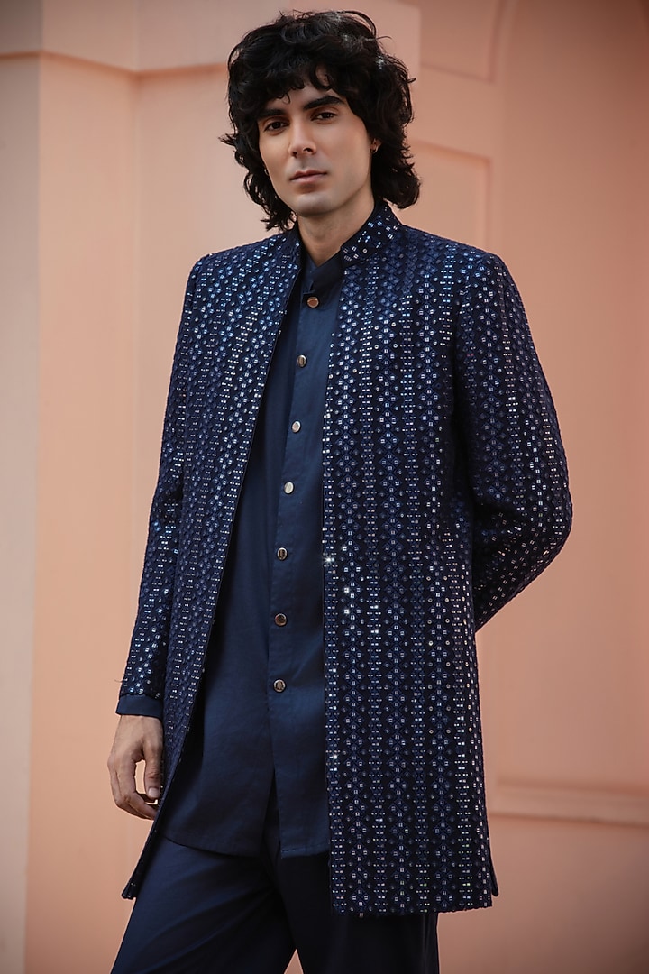 Navy Blue Chikankari Wedding Indowestern Jacket Set by Bohame Men at Pernia's Pop Up Shop