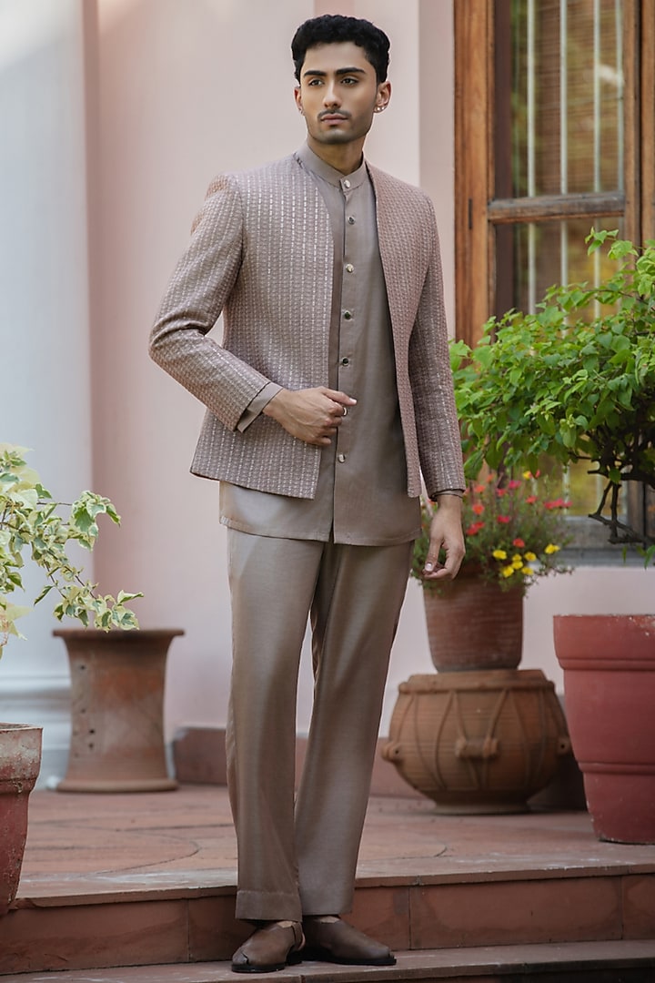 Rose Gold Chikankari Wedding Indowestern Jacket Set by Bohame Men at Pernia's Pop Up Shop