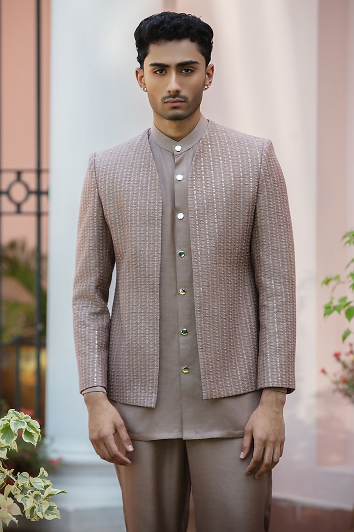 Rose Gold Chikankari Wedding Indowestern Jacket Set by Bohame Men at Pernia's Pop Up Shop