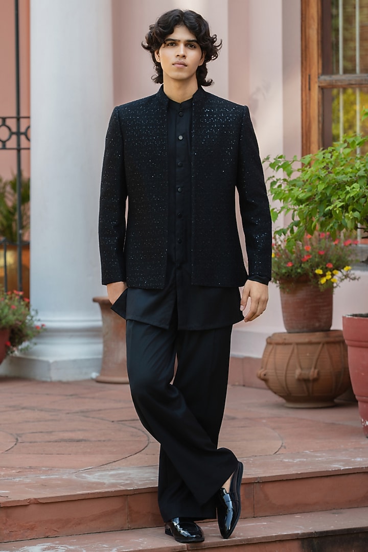 Black Chikankari Wedding Indowestern Jacket Set by Bohame Men at Pernia's Pop Up Shop