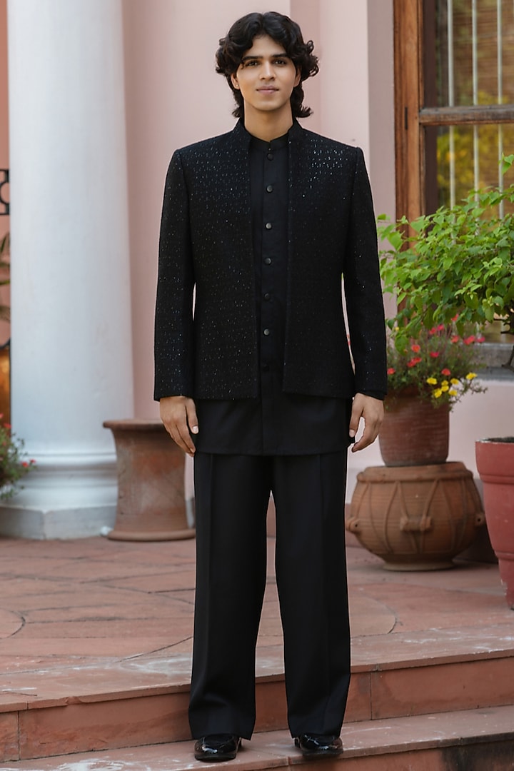 Black Chikankari Wedding Indowestern Jacket Set by Bohame Men at Pernia's Pop Up Shop