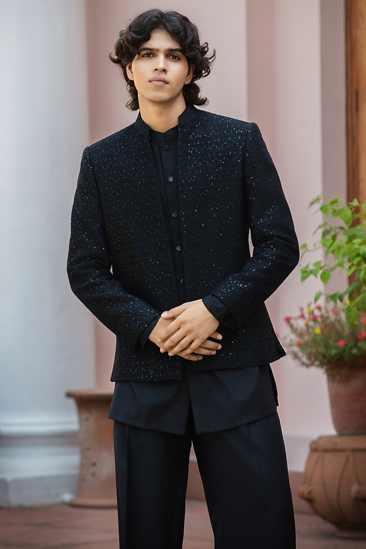 Black Chikankari Wedding Indowestern Jacket Set by Bohame Men at Pernia's Pop Up Shop