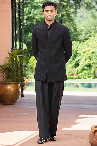 Black Chikankari Indowestern Jacket Set by Bohame Men