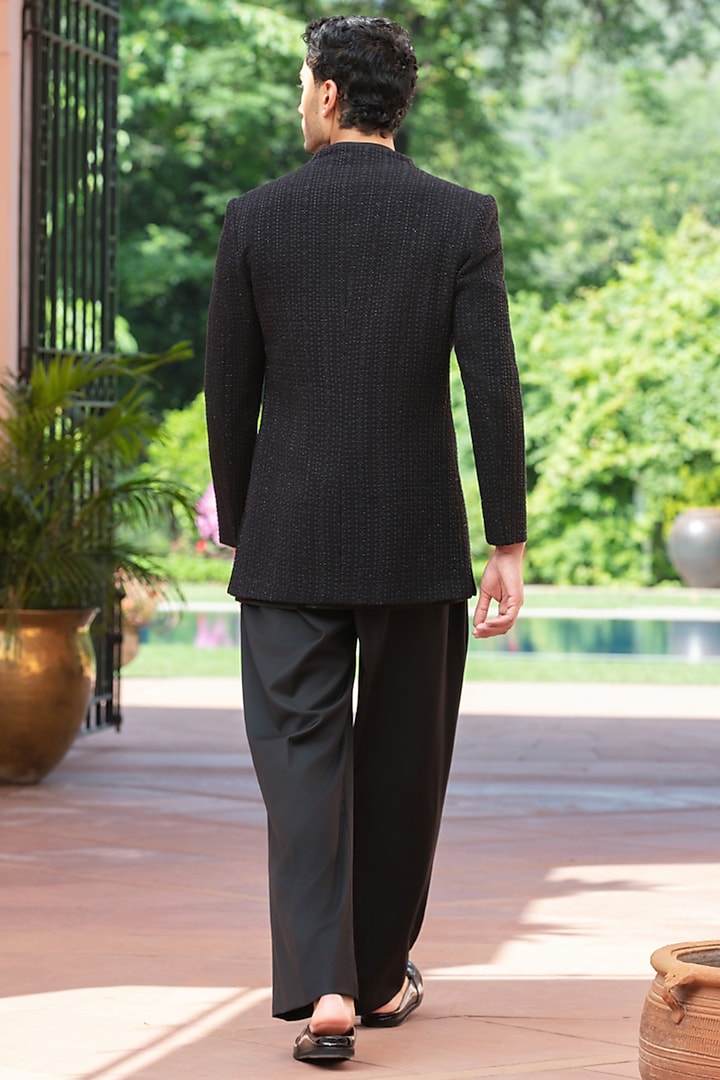 Black Chikankari Wedding Indowestern Jacket Set by Bohame Men at Pernia's Pop Up Shop