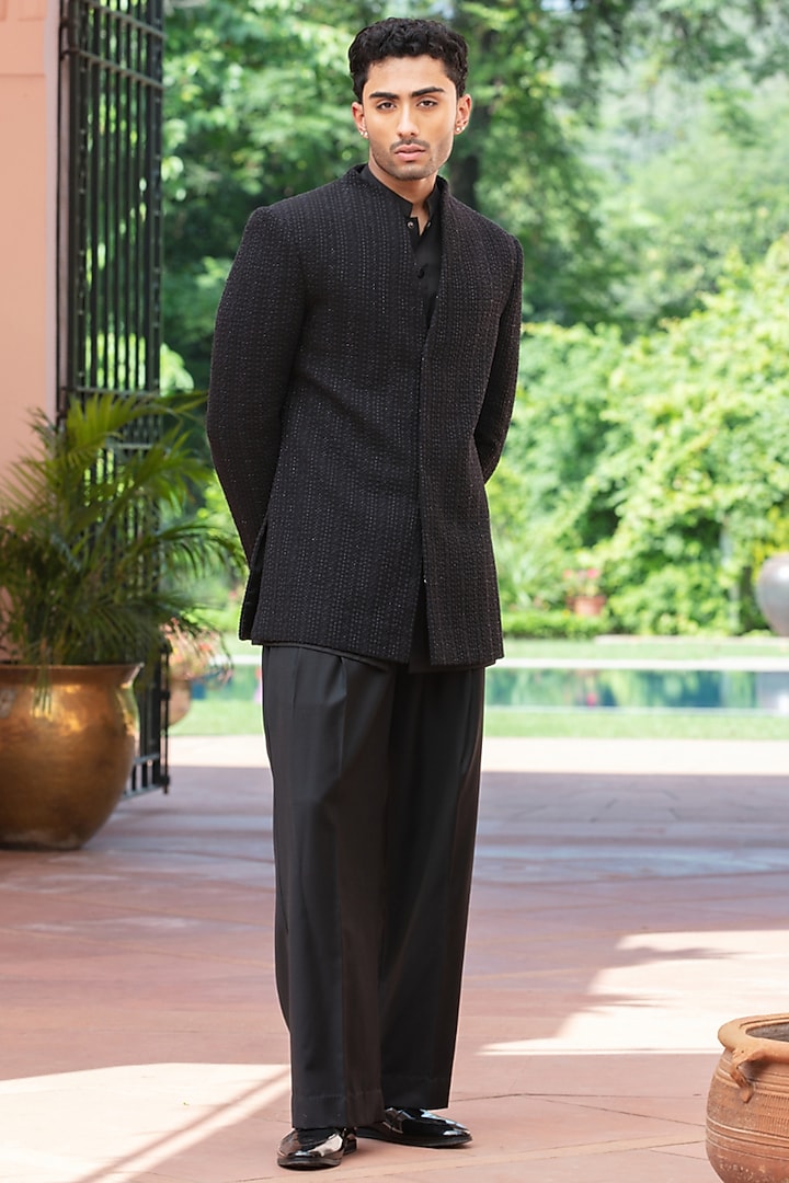Black Chikankari Wedding Indowestern Jacket Set by Bohame Men at Pernia's Pop Up Shop